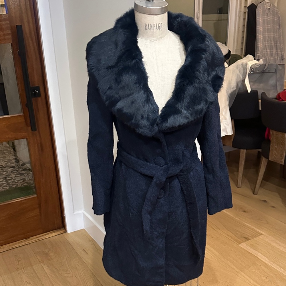 Midnight Blue Wool winter coat with detachable  Fur Collar